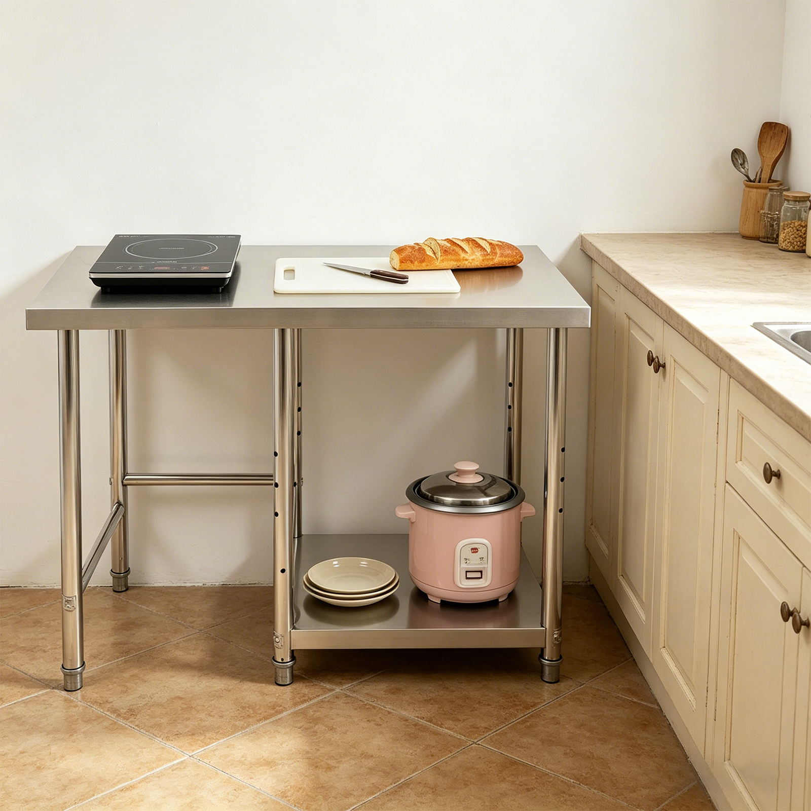 Commercial Kitchen In Home - 2 Tiers Stainless Steel Silver Table